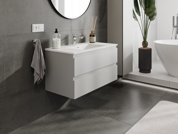 Mexen Orio, koupelnová skříňka 90 cm s umyvadlem Otis, 2 zásuvky, šedá matná/bílá matná, 91A10-09047-2-BFF62-W18M01