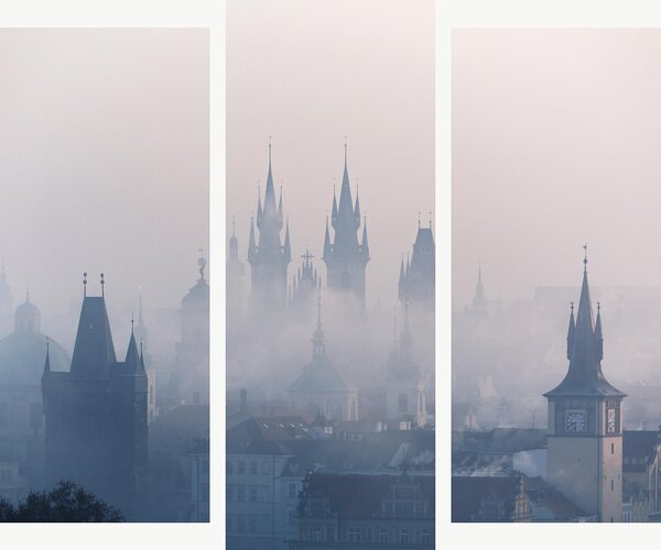 Mlhavé věže Prahy – Třídílný obraz B, 120 × 100 cm