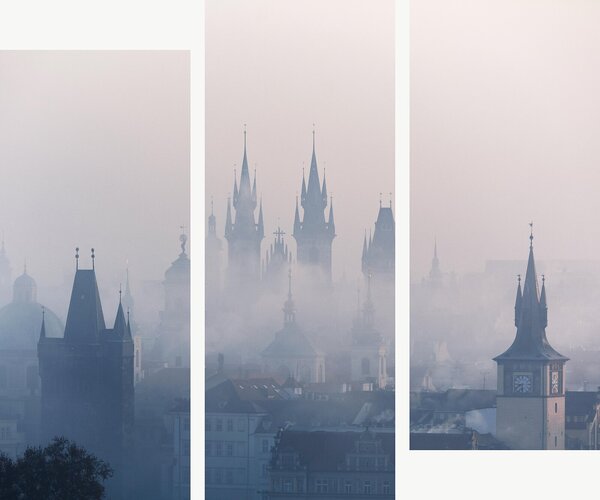 Mlhavé věže Prahy – Třídílný obraz C, 120 × 100 cm