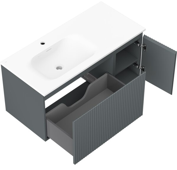 Mexen Rivel, koupelnová skříňka 100 cm s umyvadlem Vela vlevo, 1S, 1D, drážkovaná, grafitová matná/bílá matná, 91A23-10047-3-BBFF66-W23L01