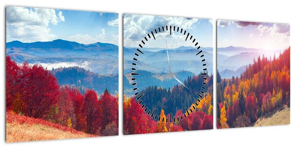 Obraz barevné podzimní krajiny (s hodinami) (90x30 cm)