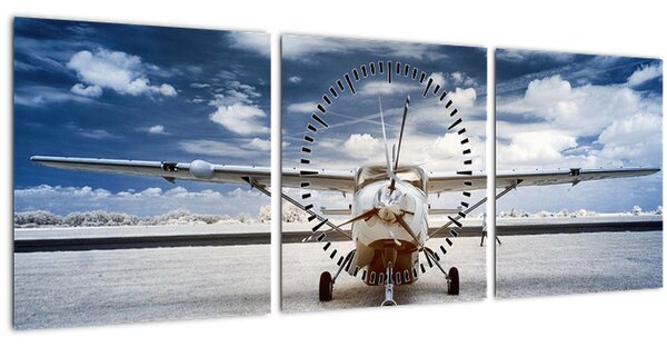 Obraz motorového letounu (s hodinami) (90x30 cm)
