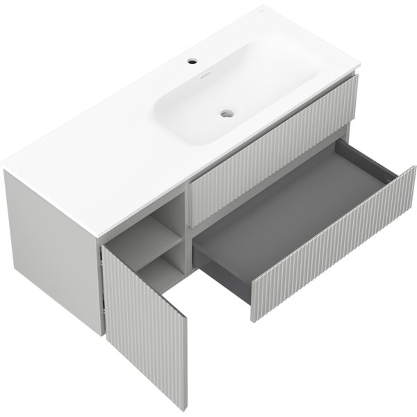 Mexen Rivel, koupelnová skříňka 120 cm s pravým umyvadlem Vela, 2S, 1D, drážkovaná, šedá/bílá matná, 91A23-12047-3-BBFFF62-W23P01