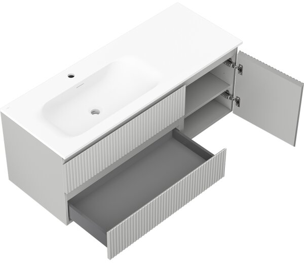Mexen Rivel, koupelnová skříňka 120 cm s umyvadlem Vela vlevo, 2S, 1D, drážkovaná, šedá matná/bílá matná - 91A23-12047-3-BBFFF62-W23L01
