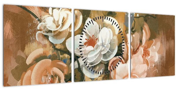 Obraz - Malovaná kytice květin (s hodinami) (90x30 cm)