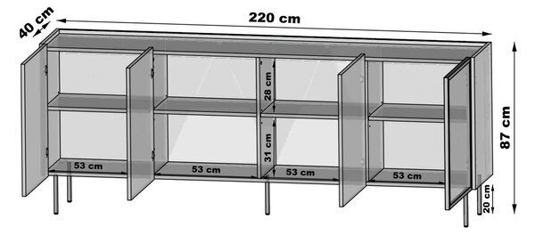 Moderní komoda Dunari 220 cm čtyřdveřová - dub dunin