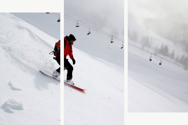 Snowboardista na zasněženém svahu – Třídílný obraz C, 150 × 100 cm
