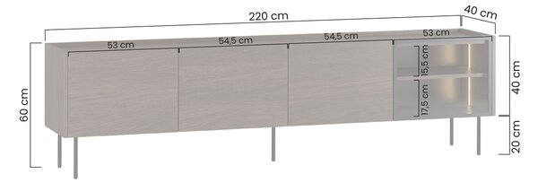 Moderní TV stolek Dunari 220 cm s kovovými nohami - dub dunin