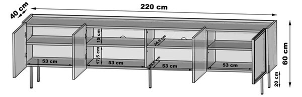 Moderní TV stolek Dunari 220 cm s kovovými nohami - dub dunin