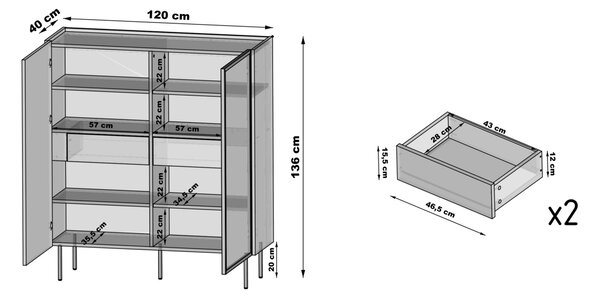 Moderní vitrína Dunari 120 cm dvoudveřová s ukrytými zásuvkami - dub dunin