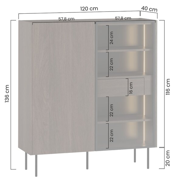 Moderní vitrína Dunari 120 cm dvoudveřová s ukrytými zásuvkami - dub dunin