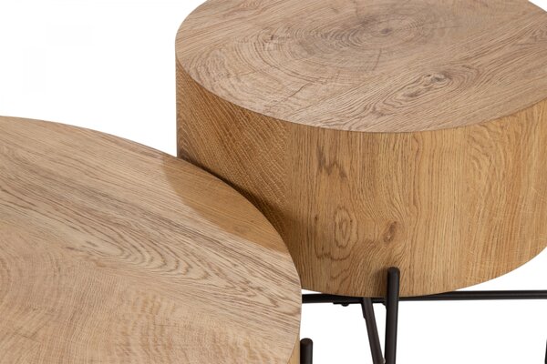 Kulaté konferenční stolky Liviano 80 a 45 cm - přírodní dub / černý