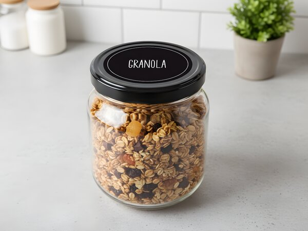 Samolepky na dózy Snídaně 12 ks 60mm kulaté Barva: Černá