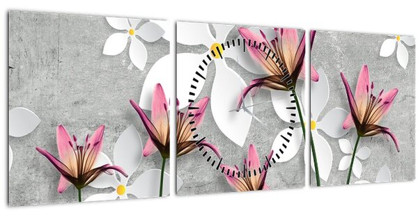 Obraz květinové abstrakce (s hodinami) (90x30 cm)