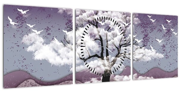 Obraz - Strom v oblacích (s hodinami) (90x30 cm)