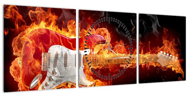 Obraz - Kytara v plamenech (s hodinami) (90x30 cm)