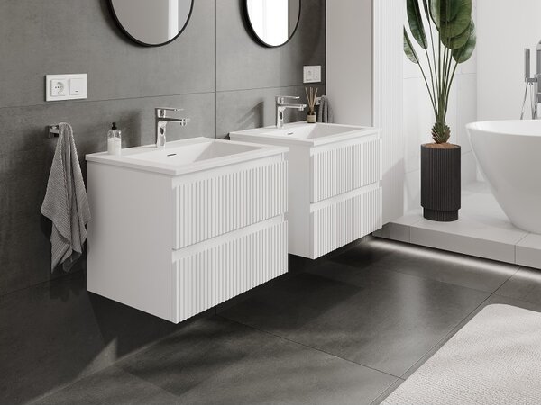 Mexen Rivel, koupelnová skříňka 60 cm s umyvadlem Otis, 2 zásuvky, drážkovaná, bílá matná, 91A20-06047-2-BFF01-W18M01