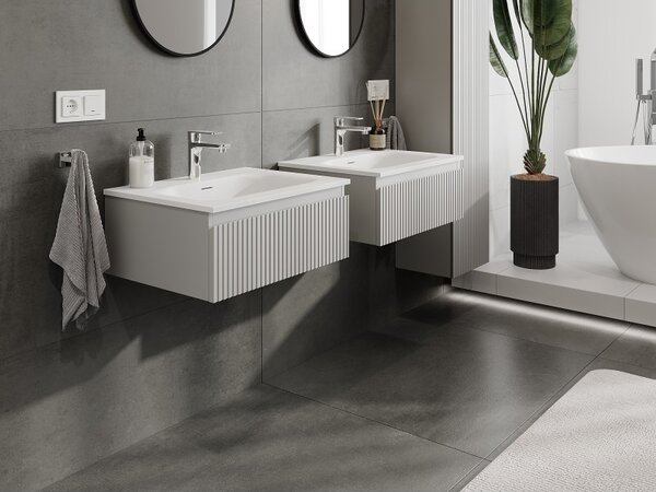 Mexen Rivel, koupelnová skříňka 60 cm s umyvadlem Vela, 1 zásuvka, drážkovaná, šedá matná/bílá, 91A20-06023-1-BF62-W23M01