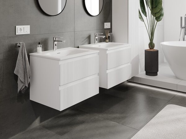 Mexen Rivel, koupelnová skříňka 60 cm s umyvadlem Vela, 2 zásuvky, drážkovaná, bílá matná, 91A20-06047-2-BFF01-W23M01