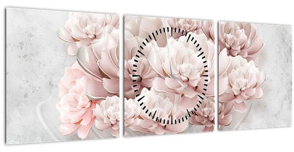 Obraz - Růžové květy na zdi (s hodinami) (90x30 cm)