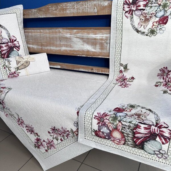 Tegatex Gobelínový ubrus chenille - zajíc v proutěném košíku Velikost: 40*100 cm