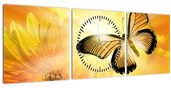 Obraz - Žlutý motýl s květem (s hodinami) (90x30 cm)