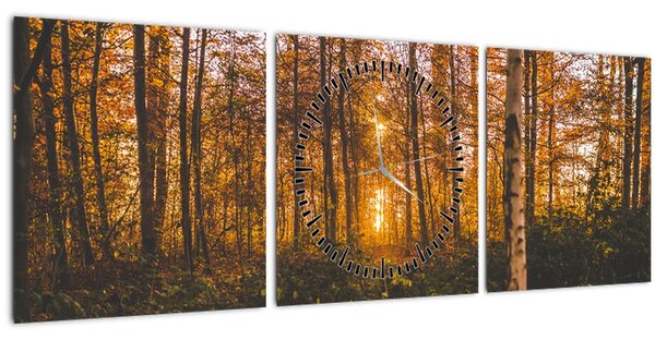 Obraz podzimního lesa (s hodinami) (90x30 cm)