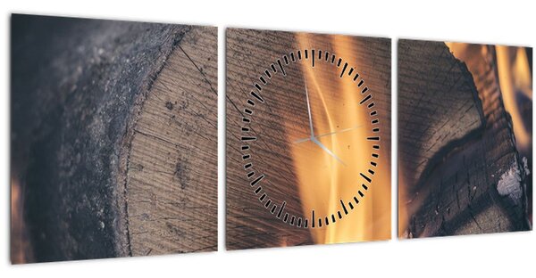 Obraz hořícího dřeva (s hodinami) (90x30 cm)