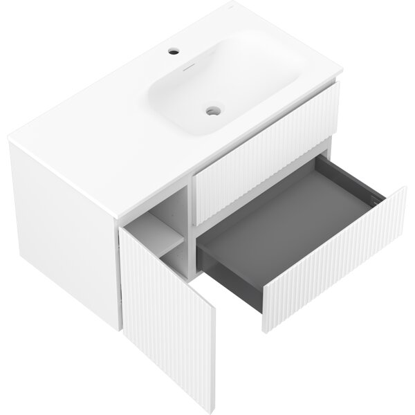 Mexen Rivel, koupelnová skříňka 90 cm s pravým umyvadlem Vela, 2S, 1D, drážkovaná, bílá matná, 91A23-09047-3-BBFFF01-W23P01