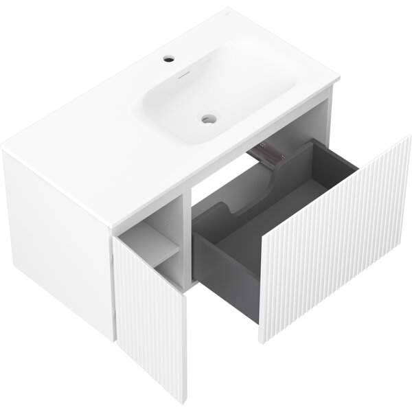 Mexen Rivel, koupelnová skříňka 90 cm s pravým umyvadlem Vela, 1S, 1D, s drážkami, bílá matná, 91A23-09047-3-BBFF01-W23P01