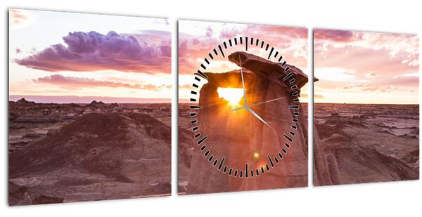 Obraz - západ slunce na poušti (s hodinami) (90x30 cm)