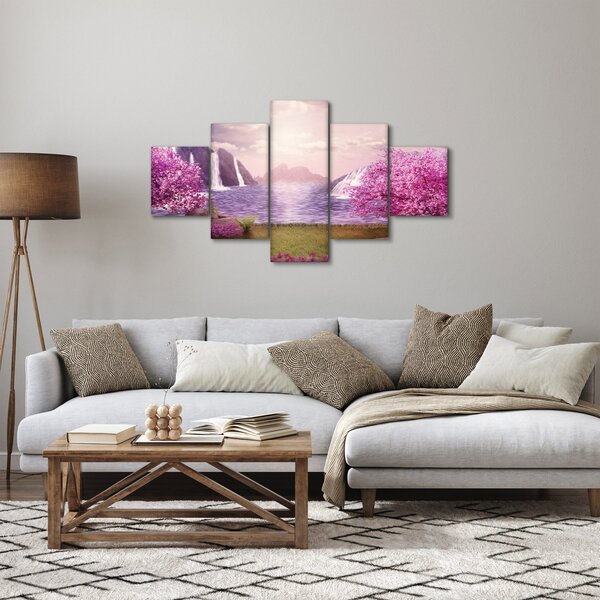 Obraz růžových stromů s jezerem (125x70 cm)