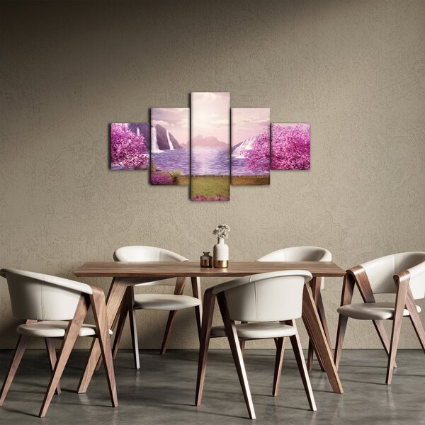 Obraz růžových stromů s jezerem (125x70 cm)