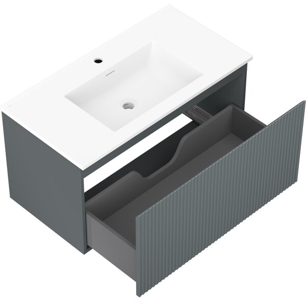 Mexen Rivel, koupelnová skříňka 90 cm s umyvadlem Otis, 1 zásuvka, drážkovaná, grafitová matná/bílá matná, 91A20-09047-1-BF66-W18M01