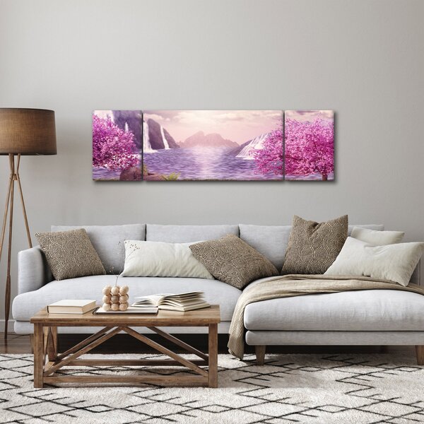 Obraz růžových stromů s jezerem (170x50 cm)