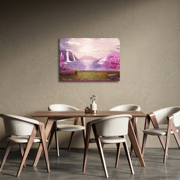 Obraz růžových stromů s jezerem (70x50 cm)