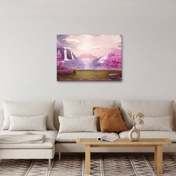 Obraz růžových stromů s jezerem (70x50 cm)