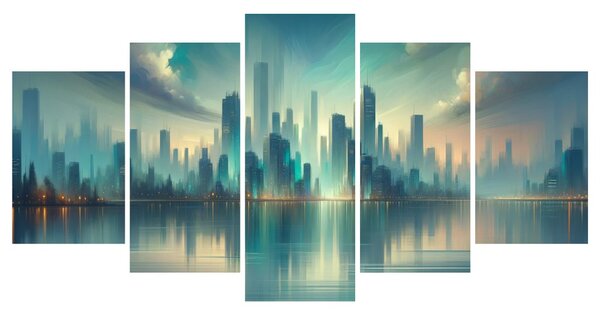 5-dílný obraz futuristické město u řeky