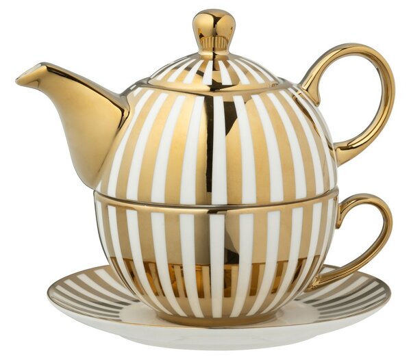 Bílo-zlatý pruhovaný Tea for One v dárkové krabičce - 16*14*13 cm / 420 ml - J-Line by Jolipa
