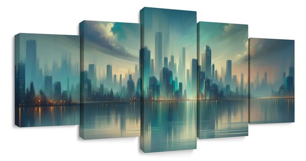 5-dílný obraz futuristické město u řeky