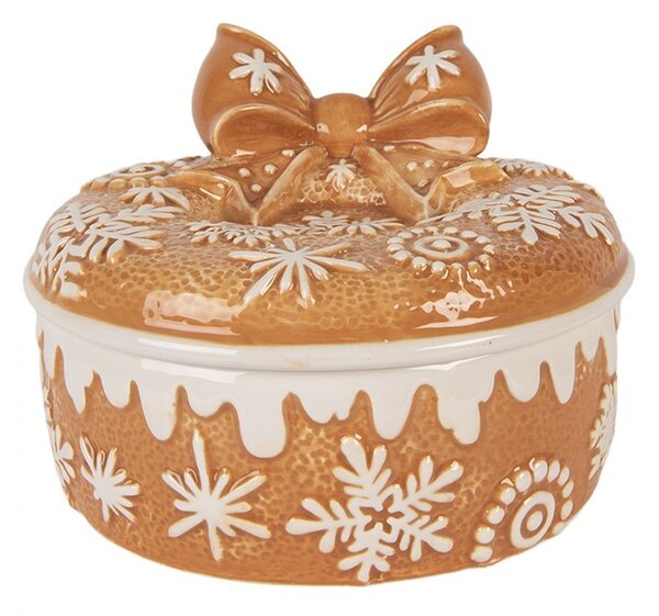 Hnědá keramická perníková dóza s mašlí a vločkami Snowflakes - Ø 20*13 cm - Clayre & Eef