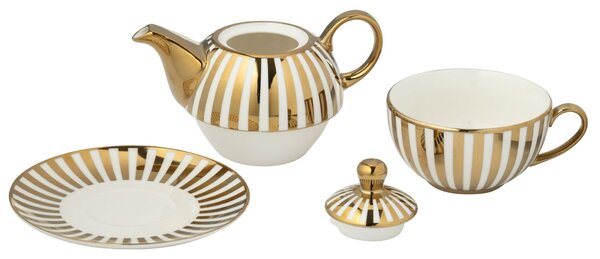 Bílo-zlatý pruhovaný Tea for One v dárkové krabičce - 16*14*13 cm / 420 ml - J-Line by Jolipa