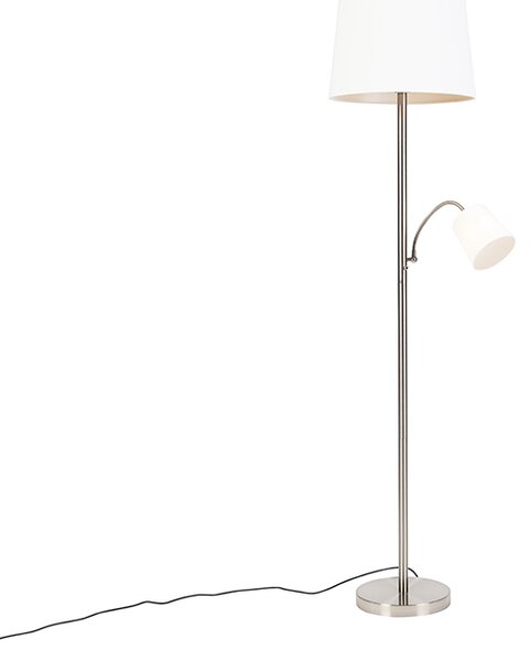 Klasická stojací lampa z oceli s bílým stínidlem a světlem na čtení - Retro