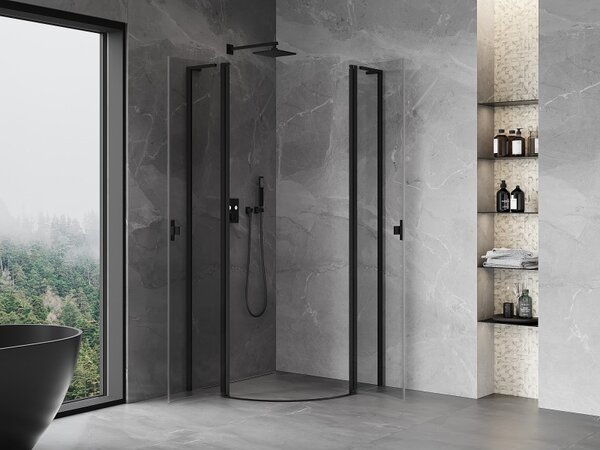Mexen Mist L, čtvrtkruhový sprchový kout s 2-křídlými dveřmi, 80 x 80 cm, 8mm čiré sklo, černý profil, 8A32L-080-080-70-00