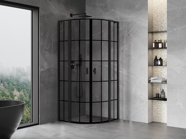 Mexen Mist L, čtvrtkruhový sprchový kout s 2-křídlými dveřmi, 80 x 80 cm, 8mm čiré sklo, černý profil, 8A32L-080-080-70-77