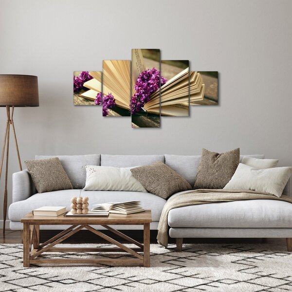 Obbraz knihy a fialové květiny (125x70 cm)