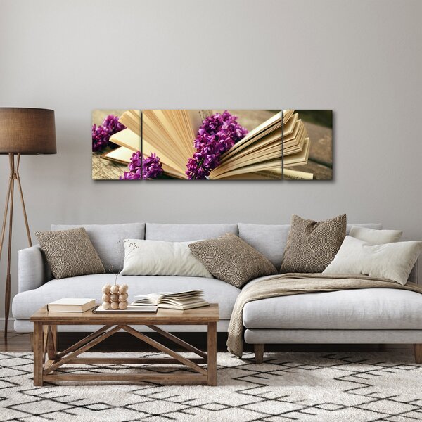 Obbraz knihy a fialové květiny (170x50 cm)