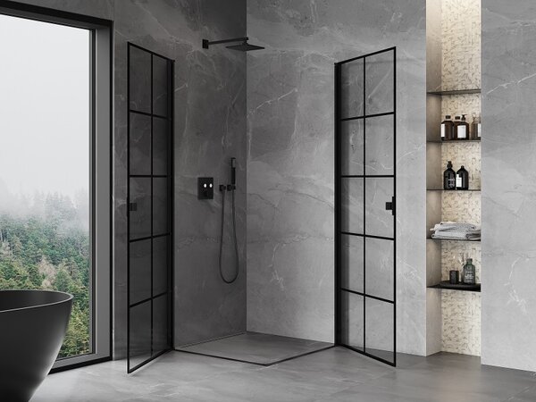 Mexen Mist-B Duo, 2-křídlý ​​výklopný sprchový kout 70 x 70 cm, čiré sklo-černá mřížka, 8A2-070L-070P-70-77