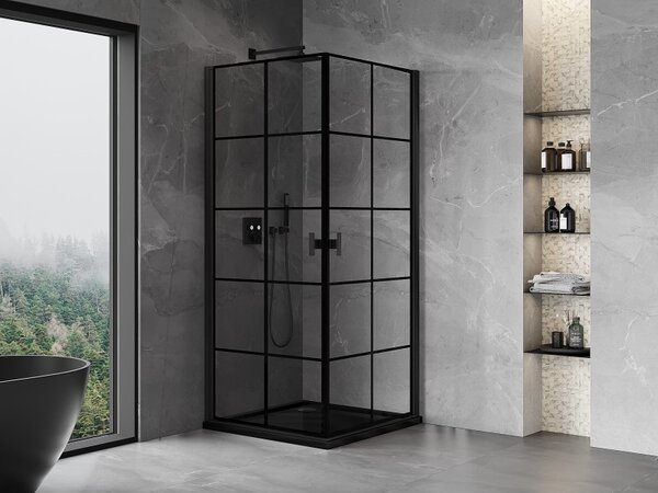 Mexen Mist-B Duo, 2-křídlý ​​výklopný sprchový kout 70 x 70 cm, čiré sklo-černá mřížka, 8A2-070L-070P-70-77