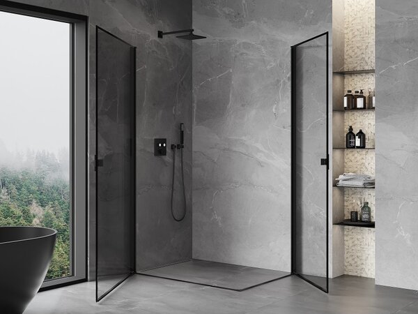 Mexen Mist-B Duo, 2-křídlý ​​výklopný sprchový kout 70 x 80 cm, čiré sklo-černý rám, 8A2-070L-080P-70-70